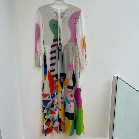 AKRIS Alex Girard Multicolor Abstract Long Sleeve Silk layered maxi dress size 4 - Picture 4 of 11